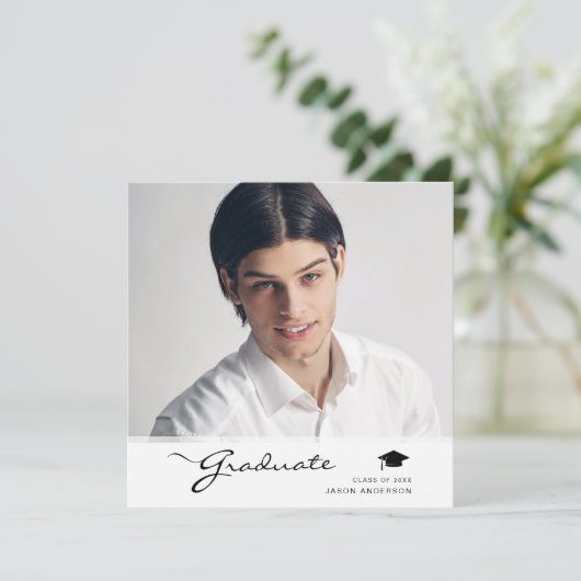 Modern Afstuderen elegant script | Foto Trendy 1 Aankondiging (Staand voorkant)