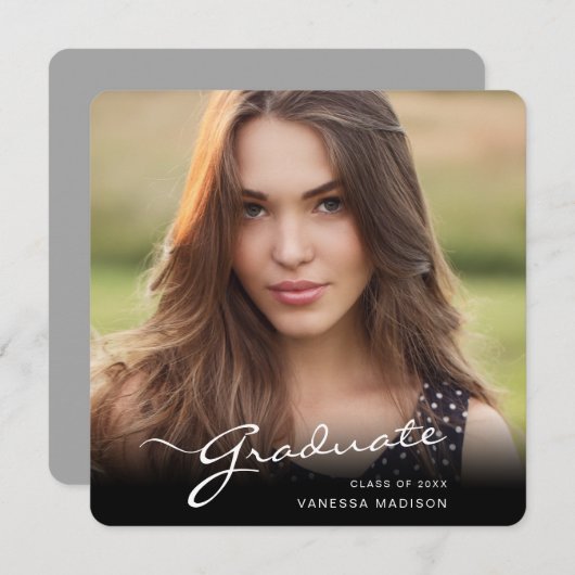 Modern Afstuderen elegant script | Foto van Trendy Aankondiging (Voorkant / Achterkant)