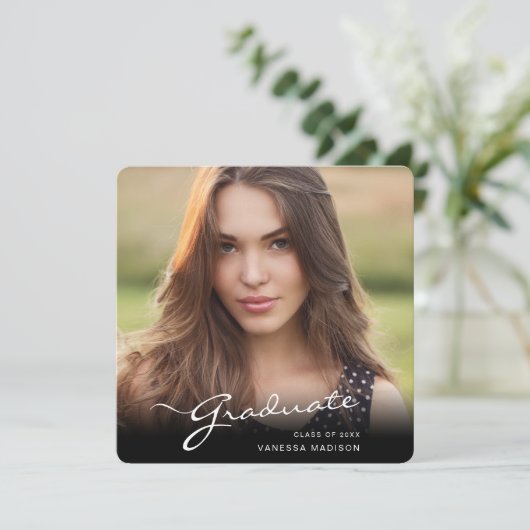 Modern Afstuderen elegant script | Foto van Trendy Aankondiging (Staand voorkant)