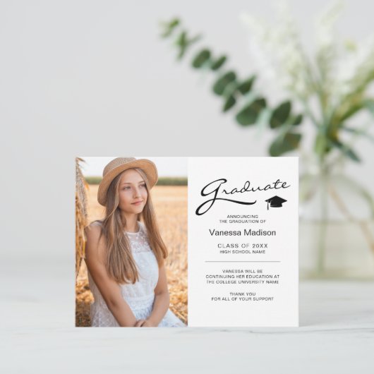 Modern Afstuderen elegant script | Foto van Trendy Briefkaart (Staand voorkant)