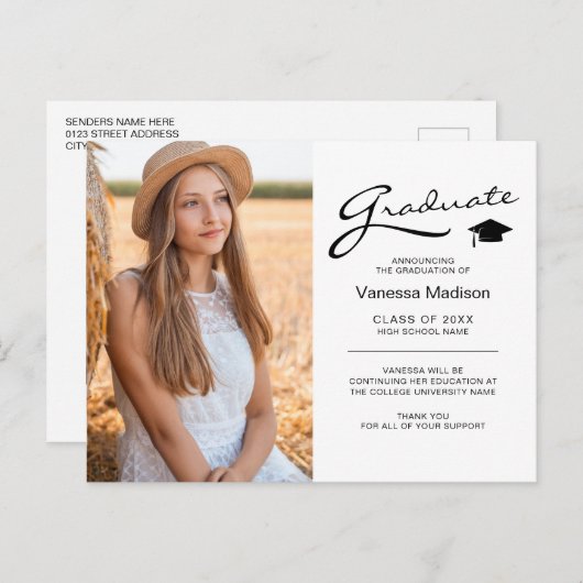 Modern Afstuderen elegant script | Foto van Trendy Briefkaart (Voorkant / Achterkant)
