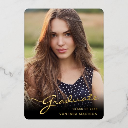 Modern Afstuderen elegant script | Trendy-fotokaar Folie Uitnodiging (Voorkant)