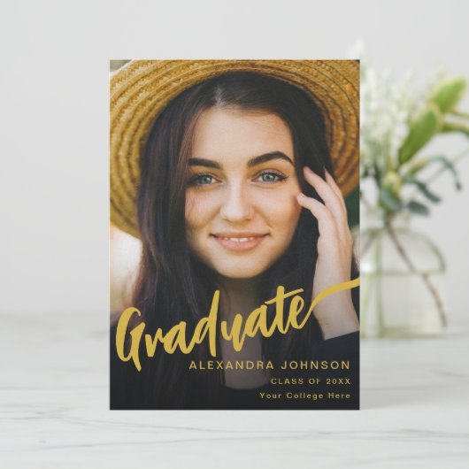 Modern Afstuderen foto Gold Script Zwart Aankondiging (Staand voorkant)