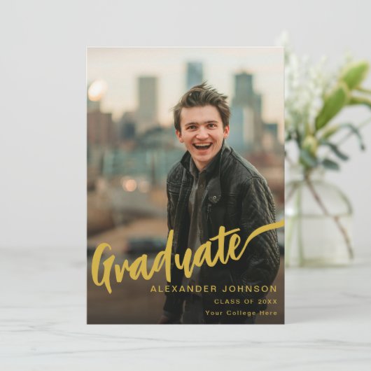 Modern Afstuderen foto Gold Script Zwart Aankondiging (Staand voorkant)