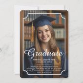 Modern Afstuderen foto Navy Blue aankondiging (Achterkant)