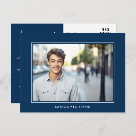 Modern Afstuderen Fotoaankondiging - Navy Blue Briefkaart (Voorkant / Achterkant)