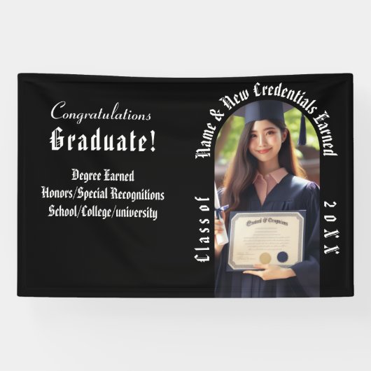 Modern Afstuderen Fotoaankondiging Zwart & Wit Spandoek (Horizontaal)