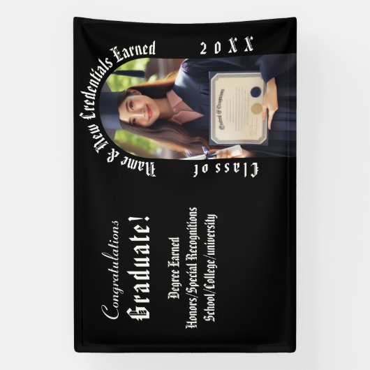 Modern Afstuderen Fotoaankondiging Zwart & Wit Spandoek (Verticaal)