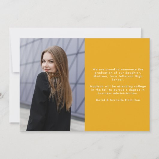 Modern Afstuderen geel typografie foto Afstuderen Aankondiging (Achterkant)