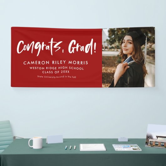 Modern afstuderen gefeliciteerd rode foto spandoek (Beurs)