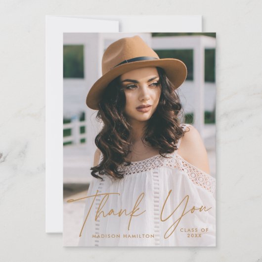 Modern Afstuderen Gold Script Photo Afstuderen Bedankkaart (Voorkant)