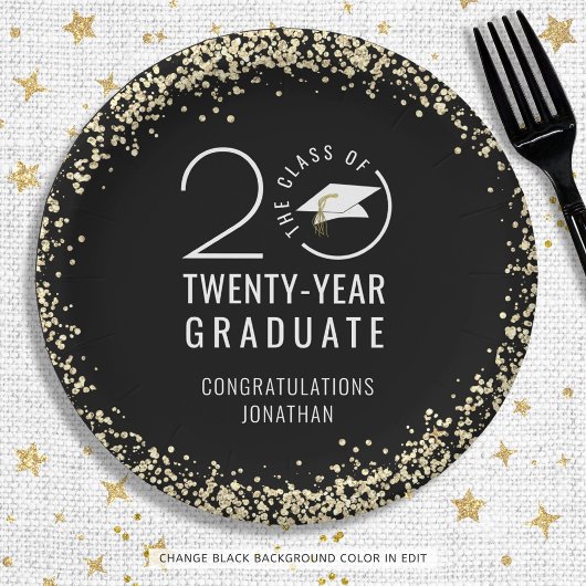 Modern Afstuderen Klasse Jaar Zwart Goud Confetti Papieren Bordje