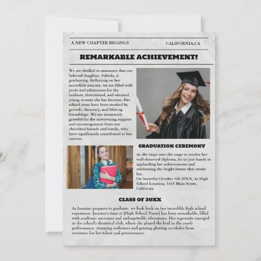 Modern Afstuderen Krant Middelbare School Uitnodig Kaart (Achterkant)