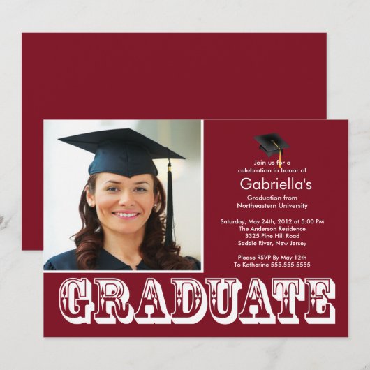 Modern Afstuderen Maroon Foto Graduation Party Kaart (Voorkant / Achterkant)