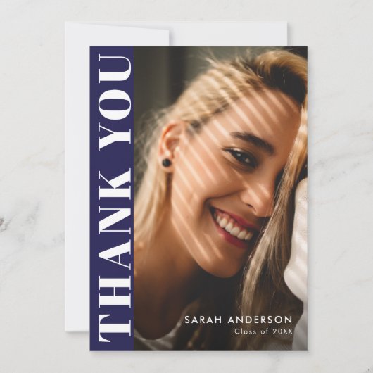 Modern Afstuderen Navy blauw wit foto Afstuderen Bedankkaart (Voorkant)