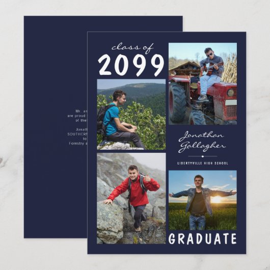 Modern Afstuderen Navy Blue 4 Foto handgeschreven Aankondiging (Voorkant / Achterkant)