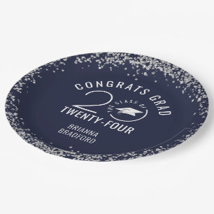 Modern Afstuderen Navy Blue Faux Silver Glitter Papieren Bordje