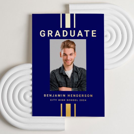 Modern Afstuderen Navy Blue Gold Foil Aankondiging