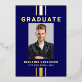 Modern Afstuderen Navy Blue Gold Foil Aankondiging (Voorkant)