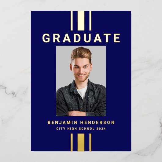 Modern Afstuderen Navy Blue Gold Foil Aankondiging (Voorkant)