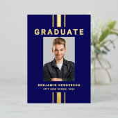 Modern Afstuderen Navy Blue Gold Foil Aankondiging (Staand Voorkant)