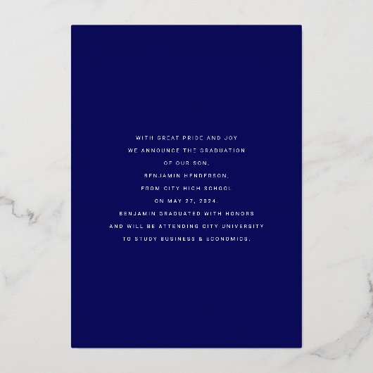 Modern Afstuderen Navy Blue Gold Foil Aankondiging (Achterkant)