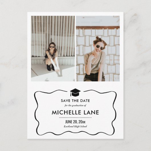 Modern Afstuderen Pet Bewaar de datum twee foto's Briefkaart (Voorkant)