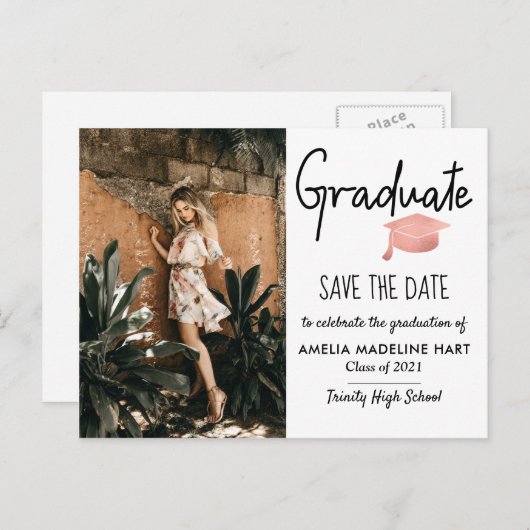 Modern Afstuderen Pet | De datum-foto opslaan Aankondigingskaart (Voorkant / Achterkant)