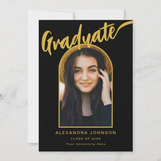 Modern Afstuderen Photo Arch Zwart en Goud Script Aankondiging (Voorkant)