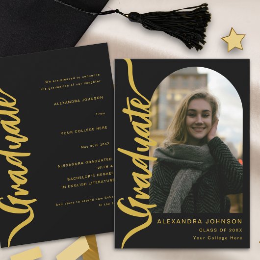 Modern Afstuderen Photo Arch Zwart Goud Script Aankondiging