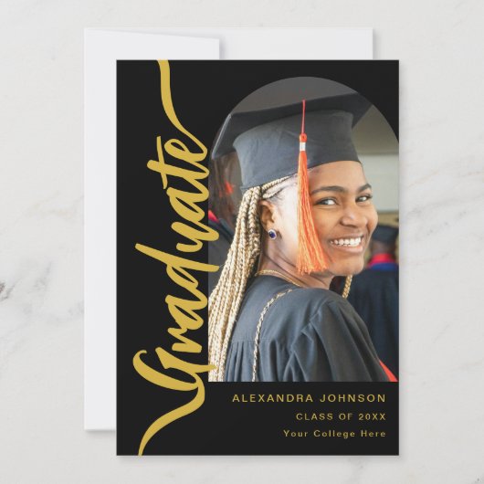 Modern Afstuderen Photo Arch Zwart Goud Script Aankondiging (Voorkant)