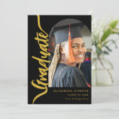 Modern Afstuderen Photo Arch Zwart Goud Script Aankondiging (Staand voorkant)