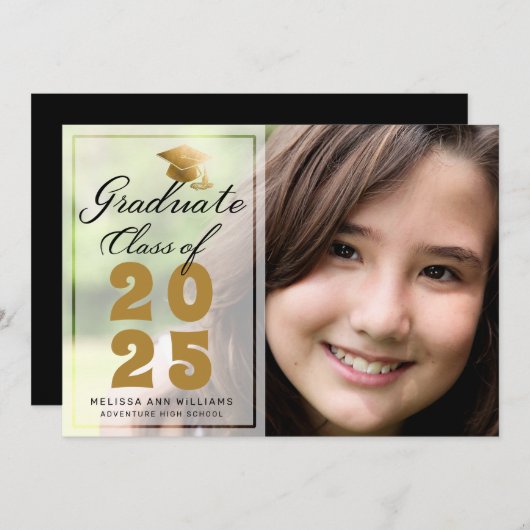 Modern Afstuderen Photo Black Gold Script 2025 Aankondiging (Voorkant / Achterkant)