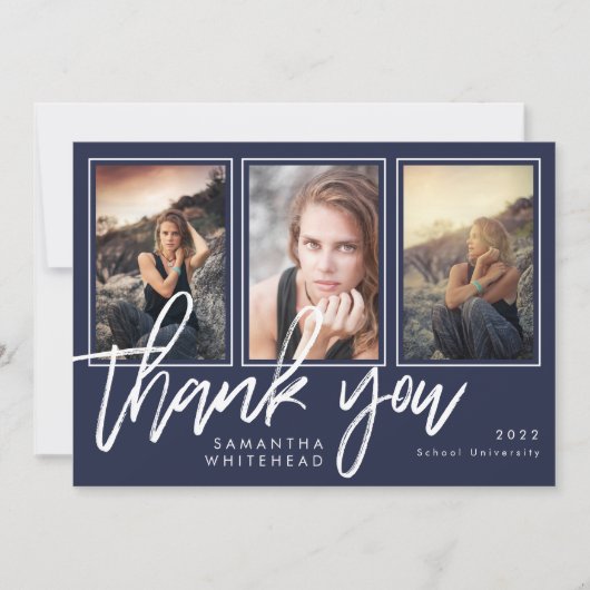 Modern Afstuderen Photo Collage Navy Blue Bedankkaart (Voorkant)