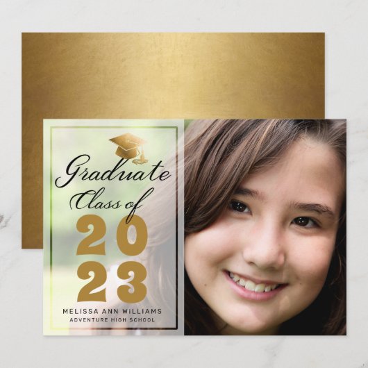 Modern Afstuderen Photo Gold Black Script 2023 Aankondiging (Voorkant / Achterkant)