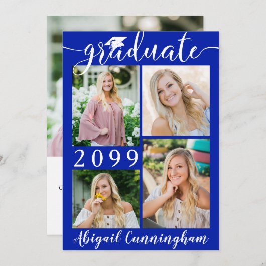 Modern Afstuderen Royal Blue 5-fotoscript Aankondiging (Voorkant / Achterkant)