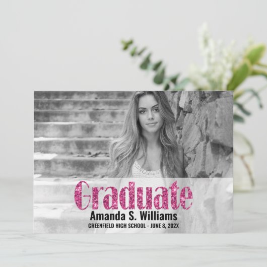 Modern Afstuderen Roze Glitter Foto Afstuderen Aankondiging (Staand voorkant)