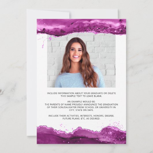 Modern Afstuderen Roze Magenta Glitter Chic Script Aankondiging (Achterkant)