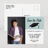 Modern Afstuderen Save the Date Blue Foto Aankondigingskaart (Voorkant / Achterkant)