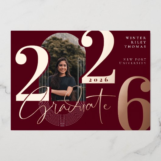 Modern Afstuderen Script 2025 concentrische boogfo Folie Uitnodiging (Voorkant)