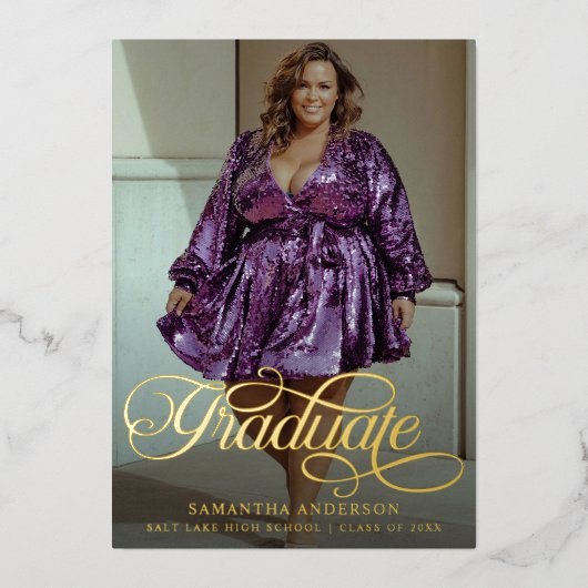 Modern Afstuderen Script 2 foto's Graduation Party Folie Uitnodiging (Voorkant)