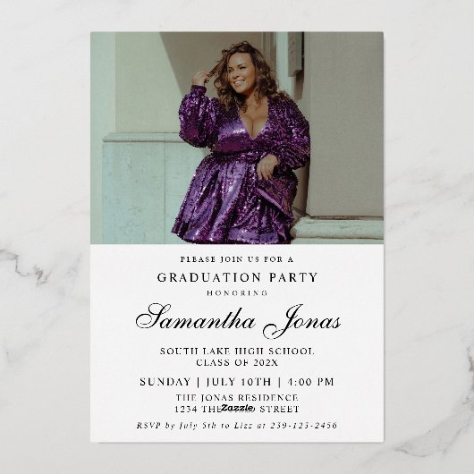 Modern Afstuderen Script 2 foto's Graduation Party Folie Uitnodiging (Achterkant)