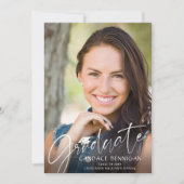 Modern Afstuderen Script One Photo White Pet Party Kaart (Voorkant)