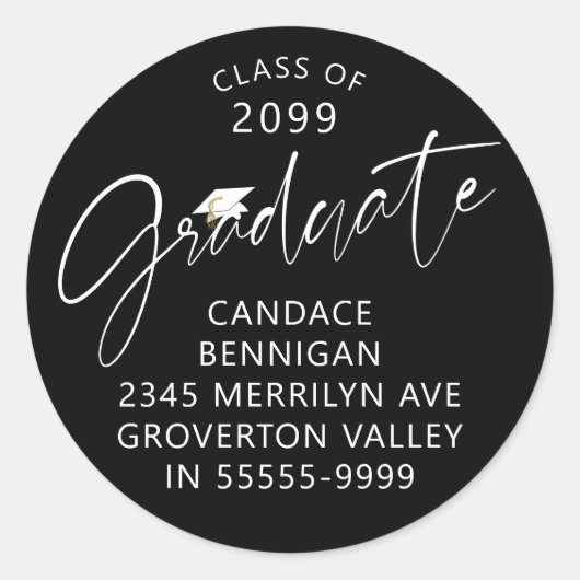 Modern Afstuderen script zwart wit retouradres Ronde Sticker (Voorkant)