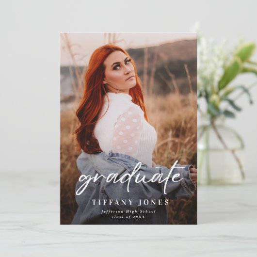 Modern Afstuderen White Script 2 Photo Afstuderen Aankondiging (Staand voorkant)