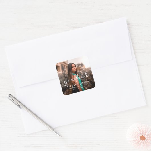 Modern Afstuderen White Script 2 Photo Afstuderen Vierkante Sticker (Envelop)