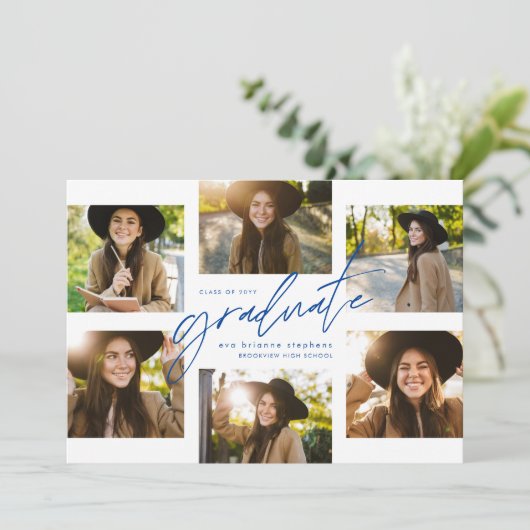 Modern afstuderen zes foto collage blauw afstudere kaart (Staand voorkant)