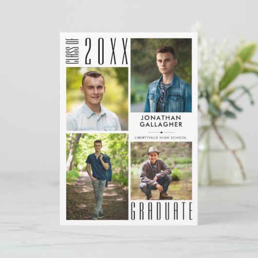 Modern Afstuderen zwart wit 5 fotocollage Aankondiging (Staand voorkant)