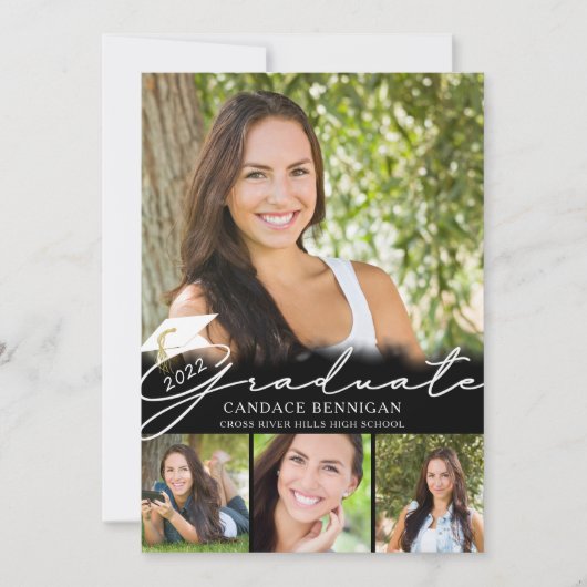 Modern Afstuderen zwart wit script 5 Foto Party Kaart (Voorkant)