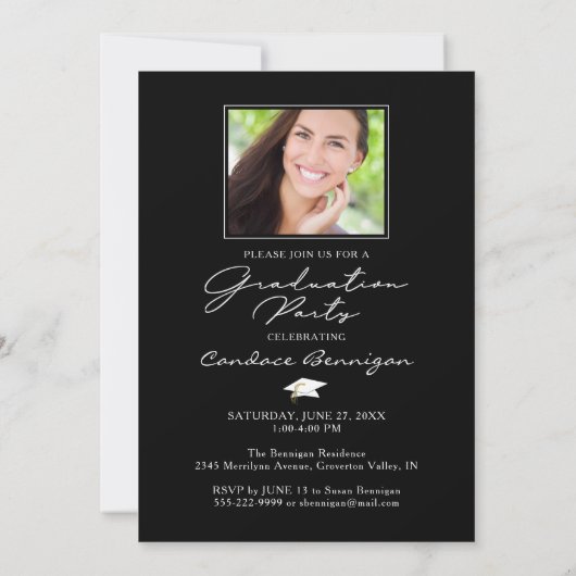 Modern Afstuderen zwart wit script 5 Foto Party Kaart (Achterkant)